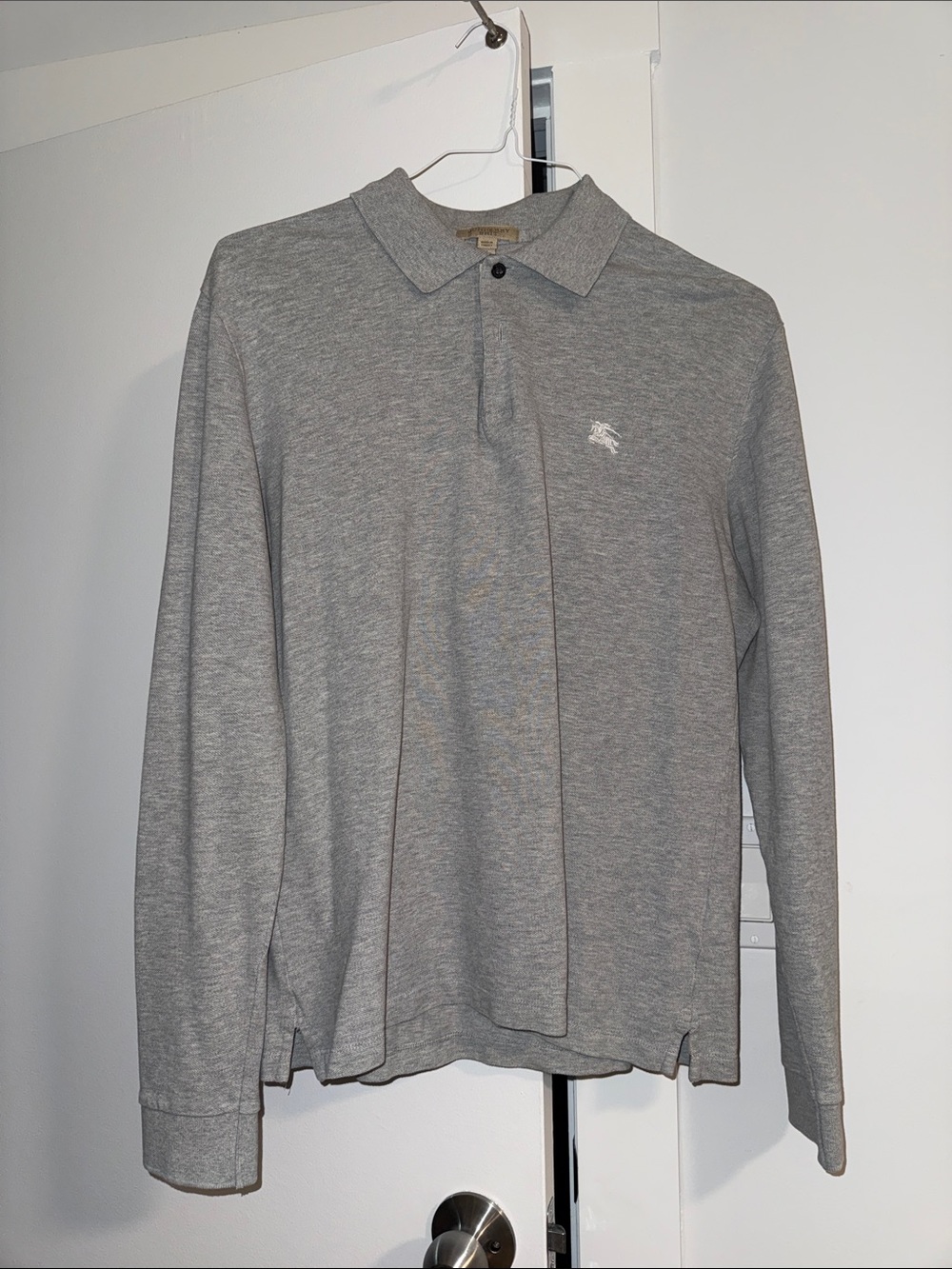 Burberry Men's Light Gray Long-Sleeve Polo with Embroidered Logo